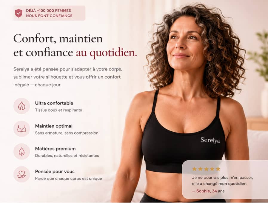 Serelya™ brassière massante chauffante portée par une femme — rituel bien-être 15 minutes par jour